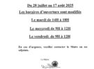 Du 28 juillet au 17 août 2025, les horaires d’ouverture du secrétariat de mairie sont modifiés comme suit: